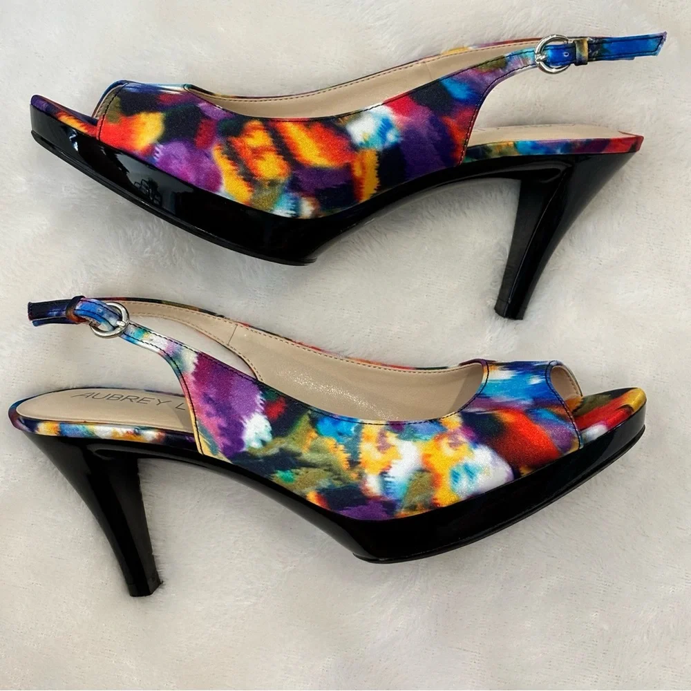 EUC Aubrey Lynn Heels Peep Toe Sling Back SZ 7 Colorful